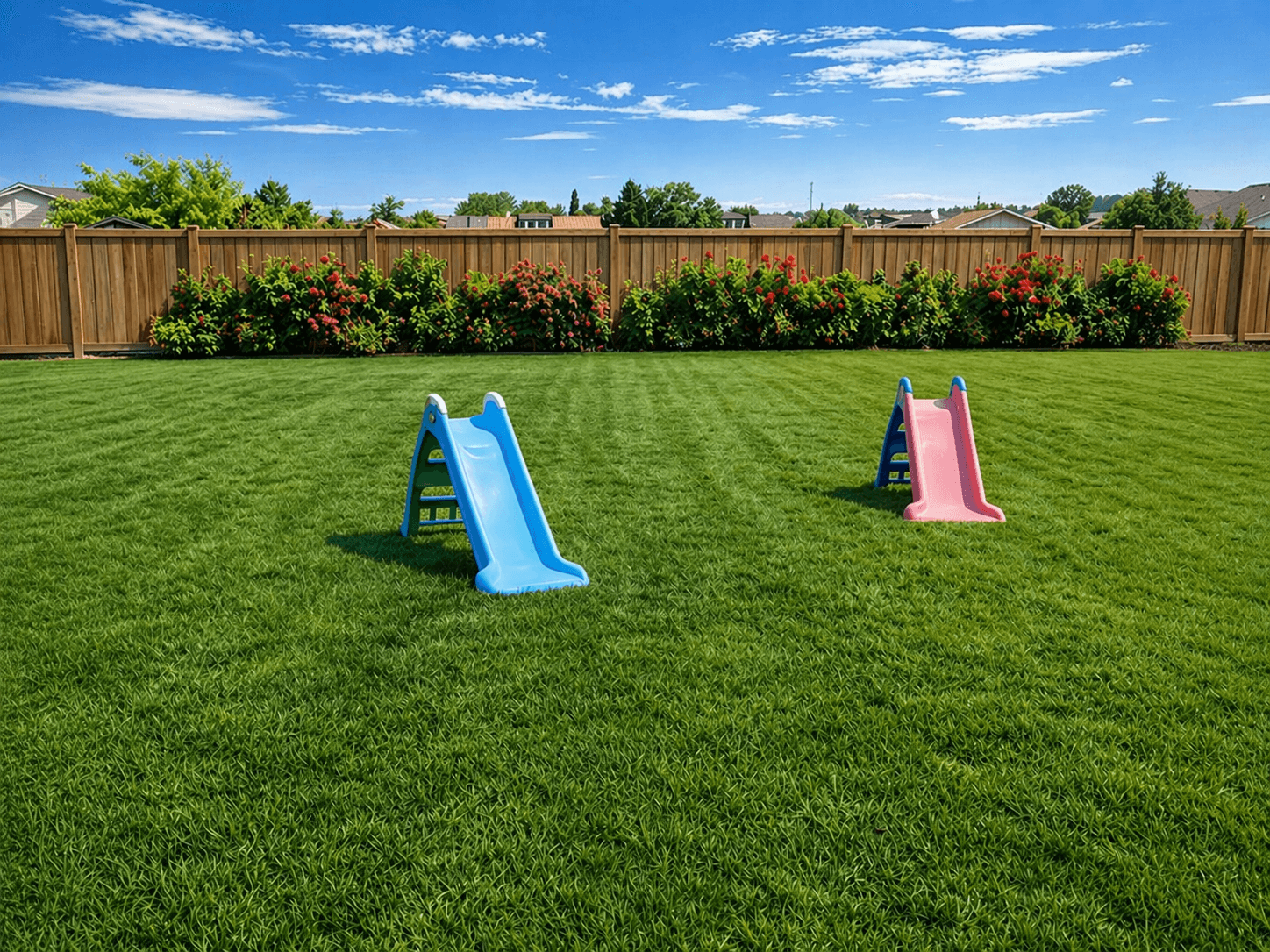 Safe outdoor play area with slides and green lawn at Little Hearts LA daycare