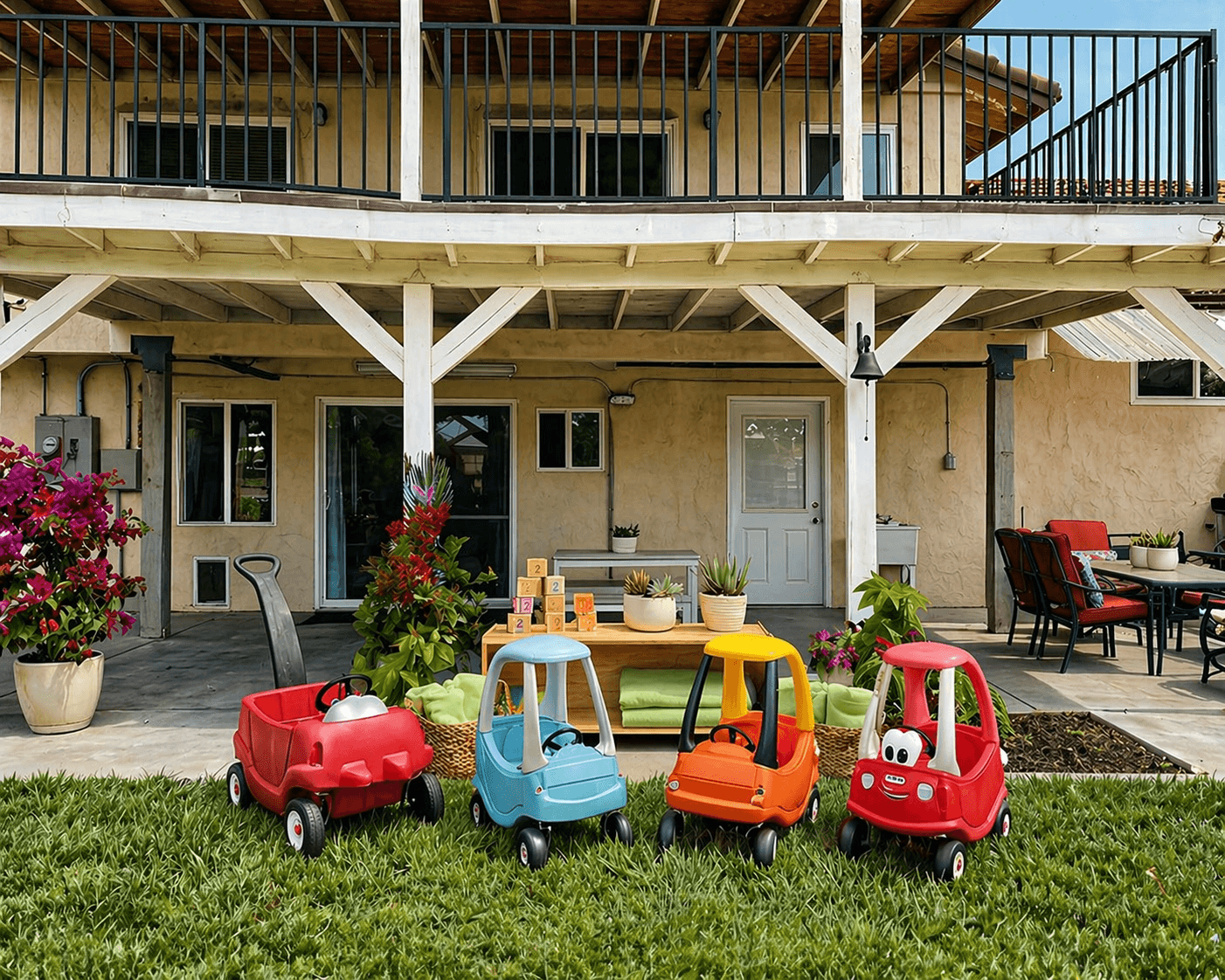Outdoor patio with ride-on toys and play area at Little Hearts LA Hacienda Heights